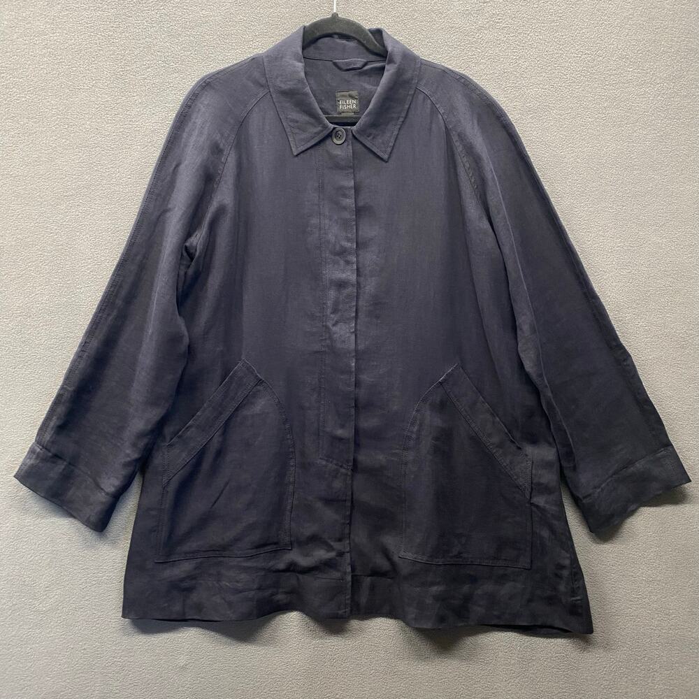Eileen Fisher Lagenlook Loose Fit Linen Button Down Jacket Womens M Blue Pockets